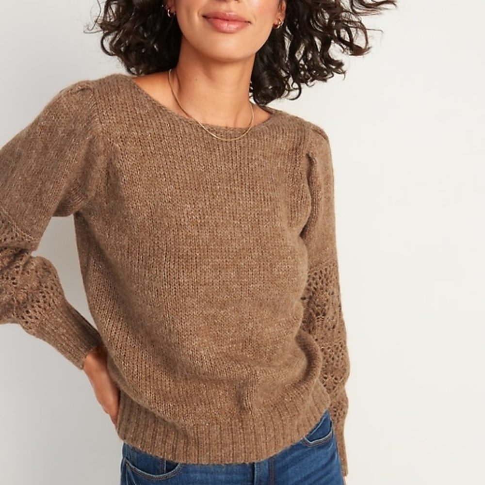 Old Navy Light Brown Camel Boat-Neck Heathered Pointelle Knit Sweater
